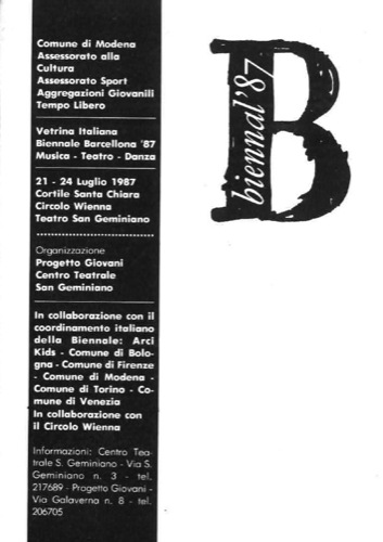 Vetrina italiana Biennale Barcellona ’87, Musica – Teatro – Danza (Modena Performing Arts Selection)