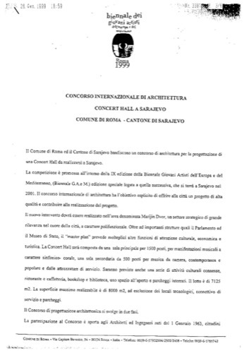 Concorso internazionale di architettura (Sarajevo Concert Hall Competition, Call for Participation)